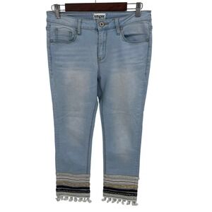 Umgee Womens 26 Jeans Blue Denim Light Wash Cropped Boho Embroidered Tassel Hem